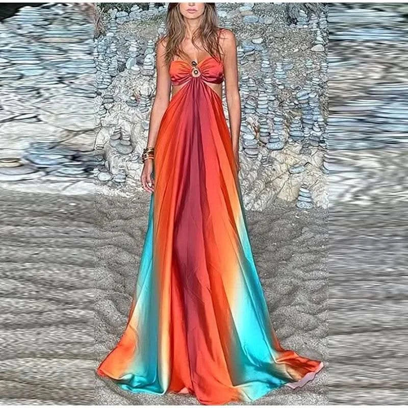 Bohemia Gradient Printed Sling Beach Maxi Dress Women Spaghetti Strap Sleeveless Backless Long Dress Female Hollow Out Chic Robe - M & M Global