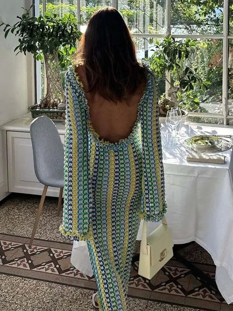 Contrast A-line Vestidos 2025 Female Party Club Vacation Robes Sexy Backless Women's Flare Sleeves Long Dress Fashion Elegant - M & M Global
