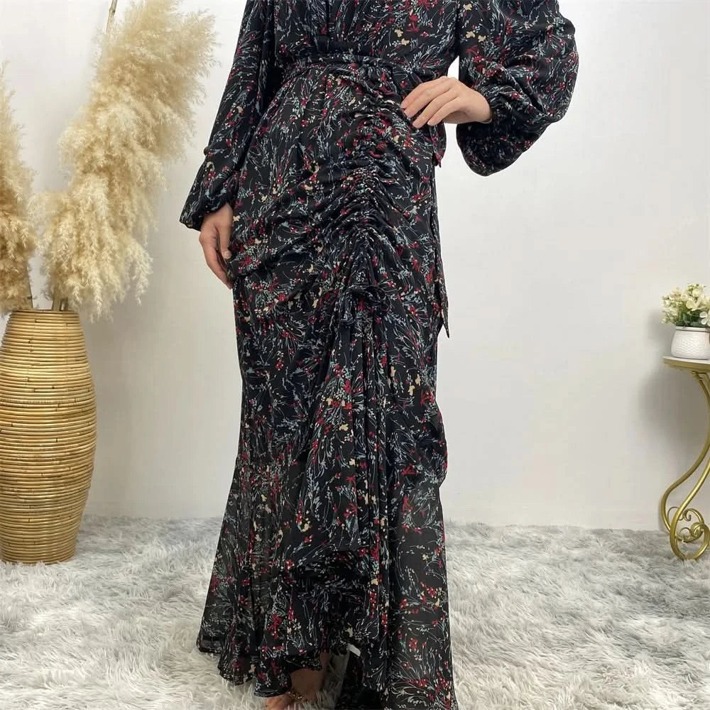 Muslim Women's dress Casual print bark crepe long dress Zipper collar long sleeves loose Muslim maxi dress - M & M Global