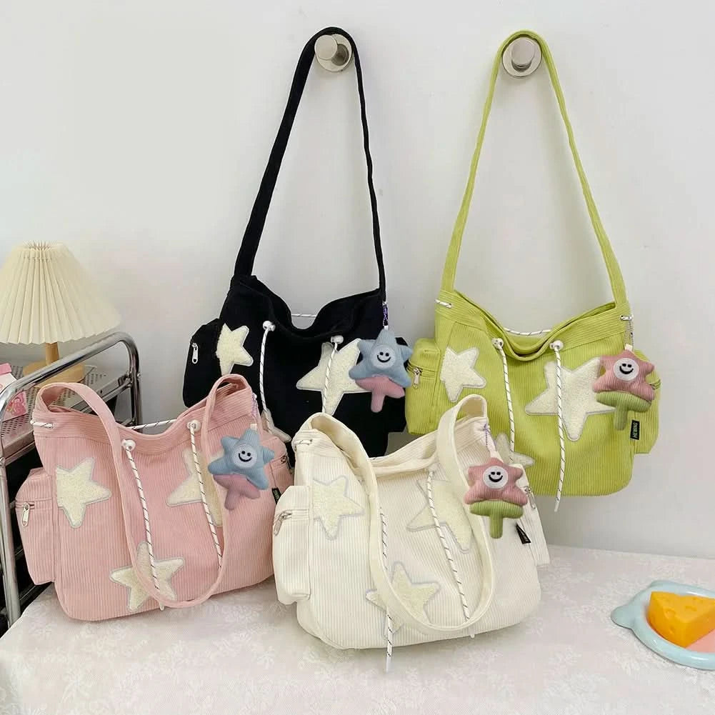 Women Star Pattern Corduroy Crossbody Bag Casual Tote Lady Fashion Large Capacity Shoulder Bag Girl Travel Messenger Bag Handbag - M & M Global