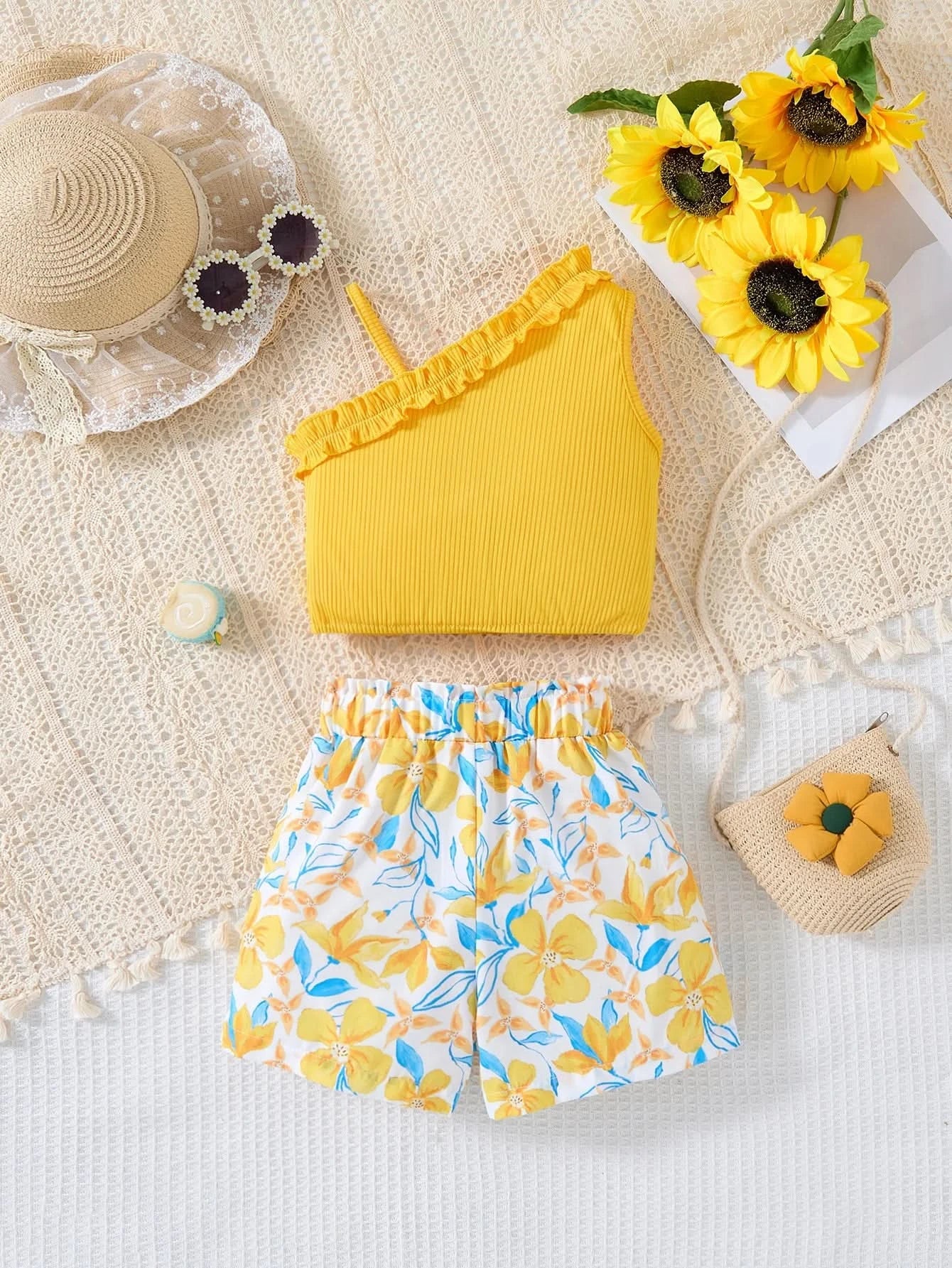 Girls Children Fashion Suit One Shoulder Top & Shorts Printed Floral Girl Summer Suspender Set Birthday Gift Fashion Suits - M & M Global