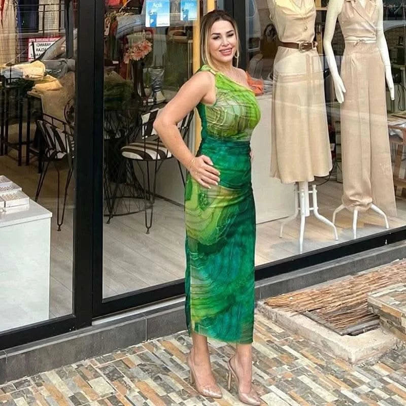 CUTENOVA Sexy Slash Collar Gradient Print Long Dress Summer Chic One-Shoulder Backless Party Dresses Sleeveless Hollow Slim Fit - M & M Global