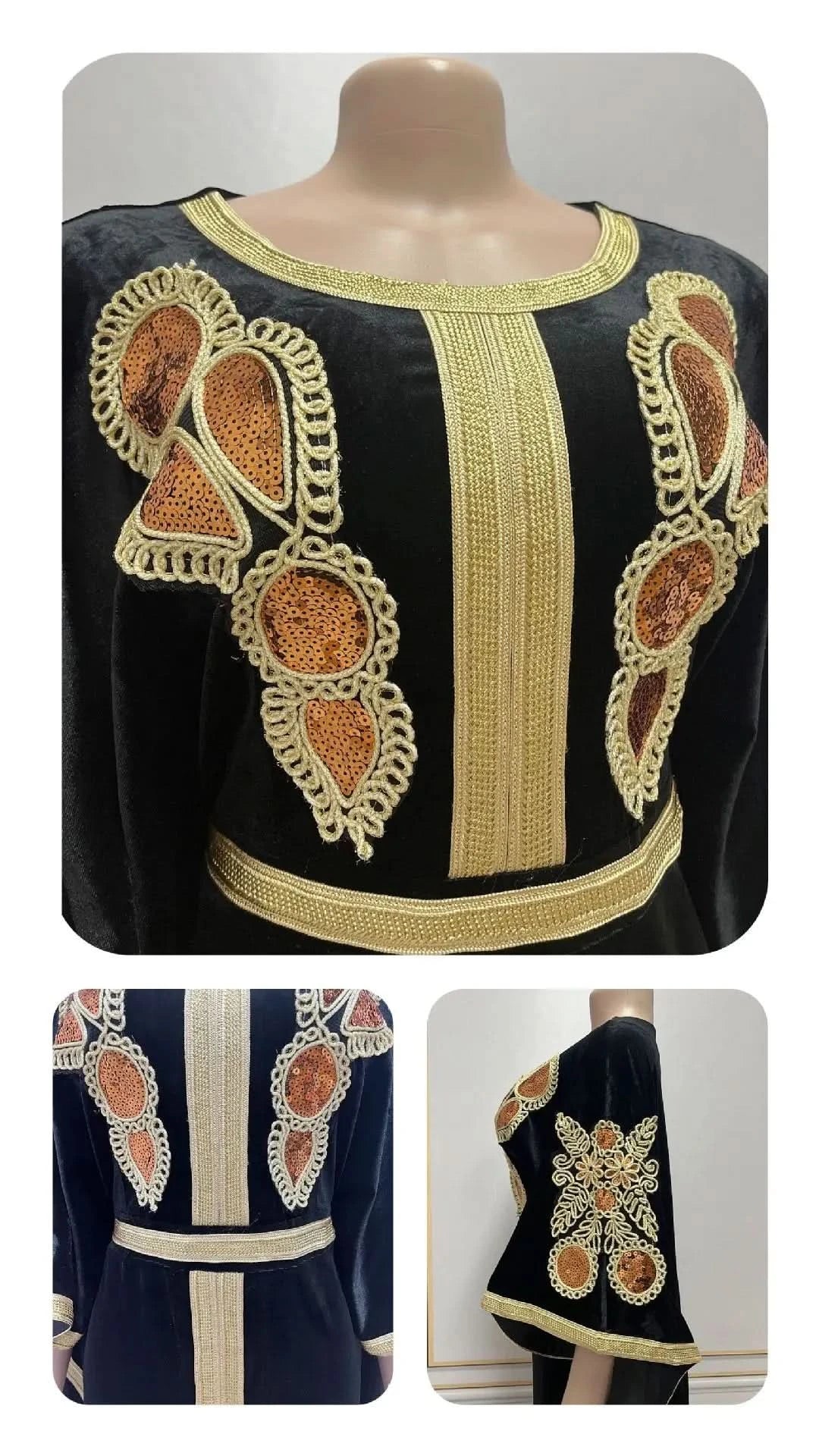 Ramadan Luxury Muslim Fashion Bat Sleeve Moroccan Turkiye Dubai Dress Middle East Arab Dress Sequins Golden Velvet Long Dress - M & M Global
