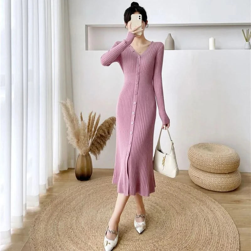 Lucyever Elegant Knitted Long Dress for Women Korean Chic Buttons Slim Fit Midi Dresses Female Streetwear V Neck Party Vestidos - M & M Global