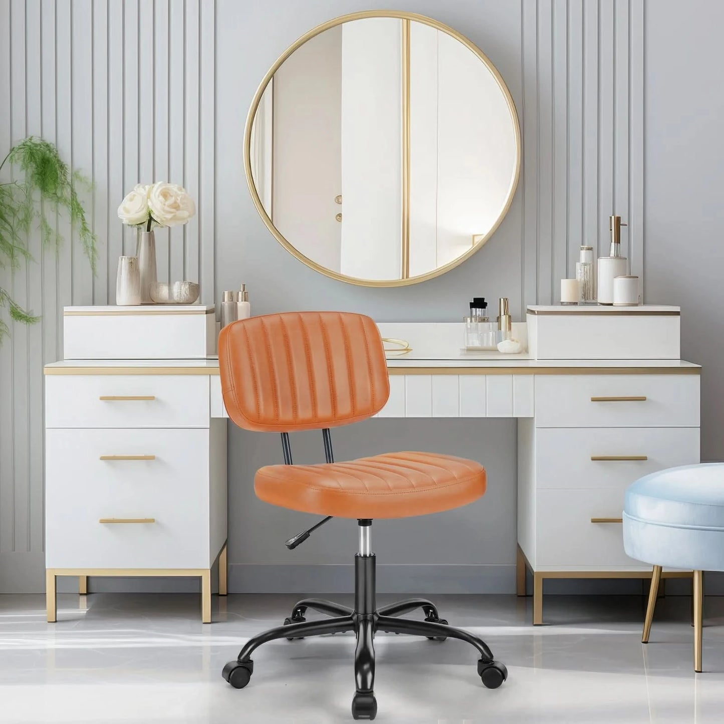 JHK Armless Office Desk Chair Back Lumbar Support Height Adjustable PU Leather Computer Chair with 360° Swivel Rolling Wheels