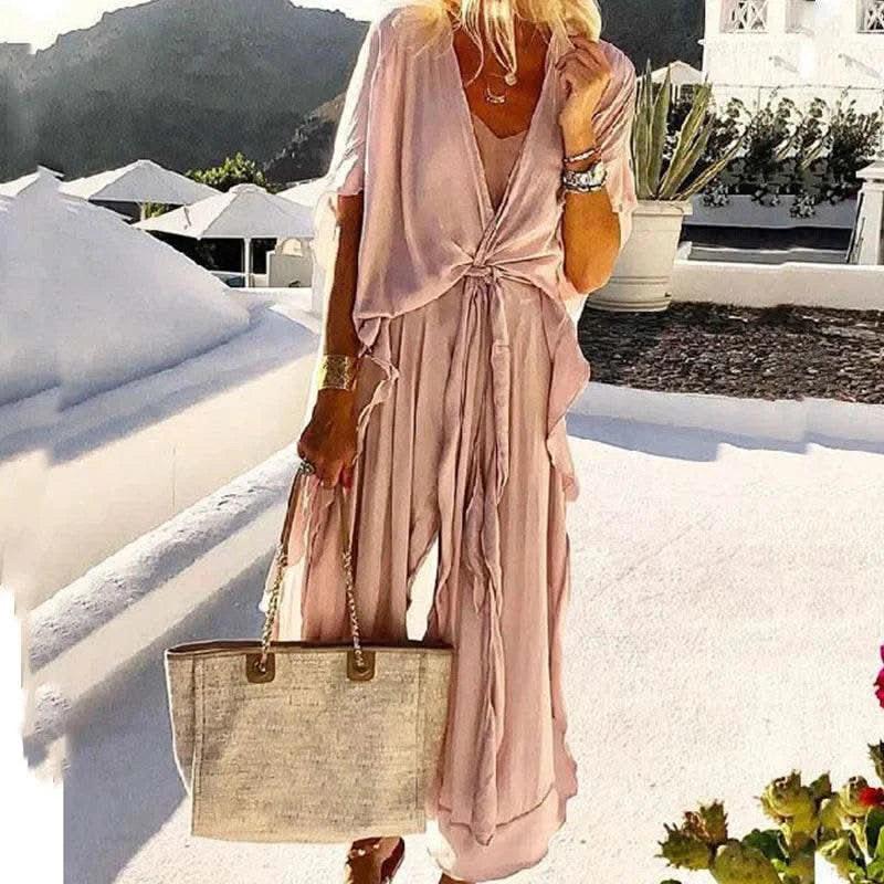 Casual Summer Retro Solid Color Short Sleeve Party Dress Women Elegant Ruffle Long Dress Fashion Holiday Boho Loose Ladies Dress - M & M Global