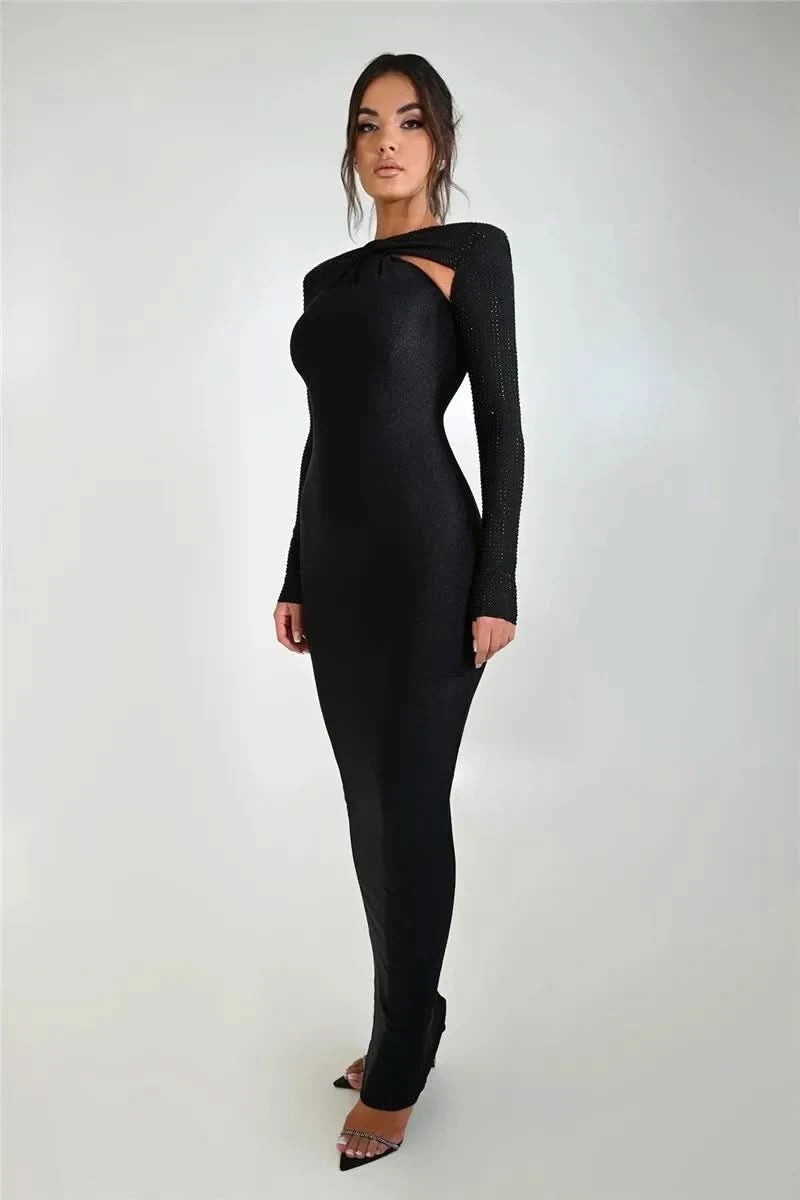Mozision Hollow Out Sparkle Long Sleeve Maxi Dress For Women Glitter Vestidos Robe New Bodycon Shiny Night Club Party Long Dress - M & M Global