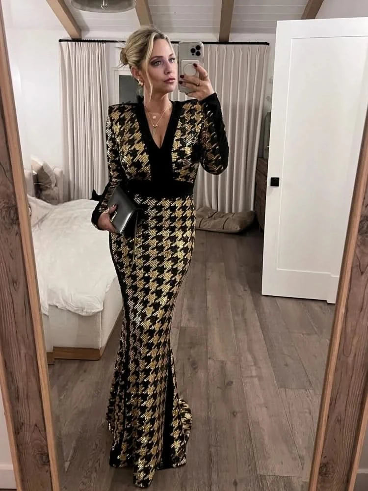 Sexy V Neck Bird Lattice Sequins Maxi Dress Women Black Gold Sequin Long Sleeves Bocycon Long Dress Runway Evening Party Gown - M & M Global