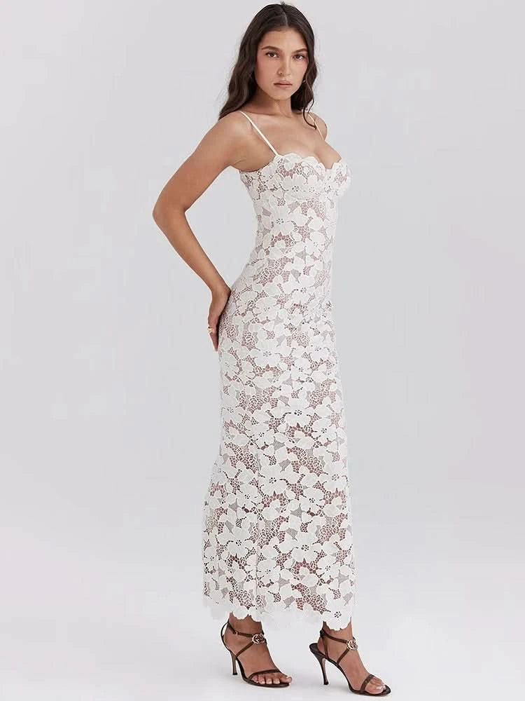 Mozision Floral Embroidery Sexy Maxi Dress For Women Fashion Spaghetti Strap Sleeveless Backless Lace-up Club Party Long Dress - M & M Global