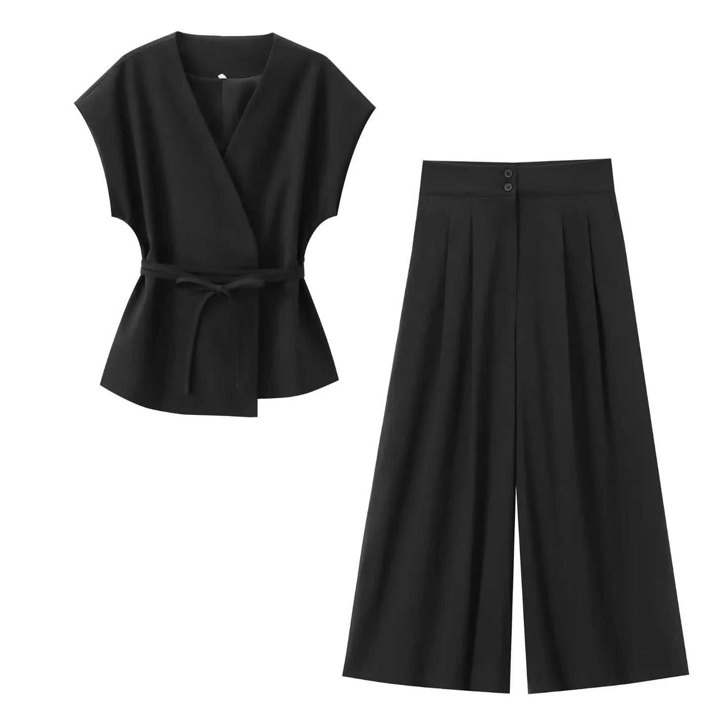 TFMLN Fashion Women's Trouser Suits Sleeveless V-Neck Top With Belt Straight Pants Sets 2025 Spring Summer Commuter 2 Piece Set - M & M Global