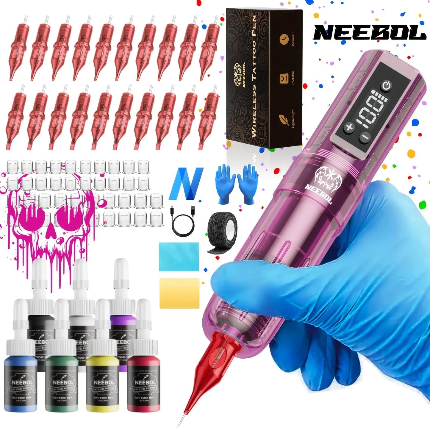 Wireless Tattoo Machine Kit Complete, Cordless Tattoo Gun, 1600mAH Battery, Large Battery, Tattoo Pen Set, 20 Needle supply - M & M Global