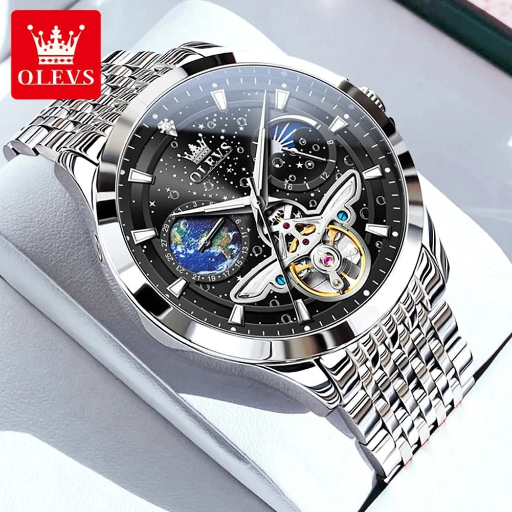 OLEVS Luxury Brand Men's Watches Luminous Waterproof Fully Automatic Mechanical Watch Starry Sky Dial Moon Phase Hollow Out - M & M Global