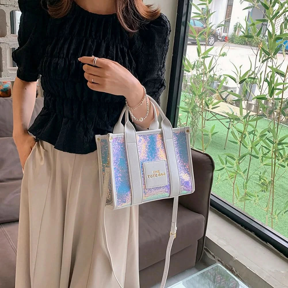 New The Tote Bag Letter Printed Sequins Top-Handle Bag Women Leather Handbag Luxury Designer Glitter Shoulder Crossbody Bag - M & M Global