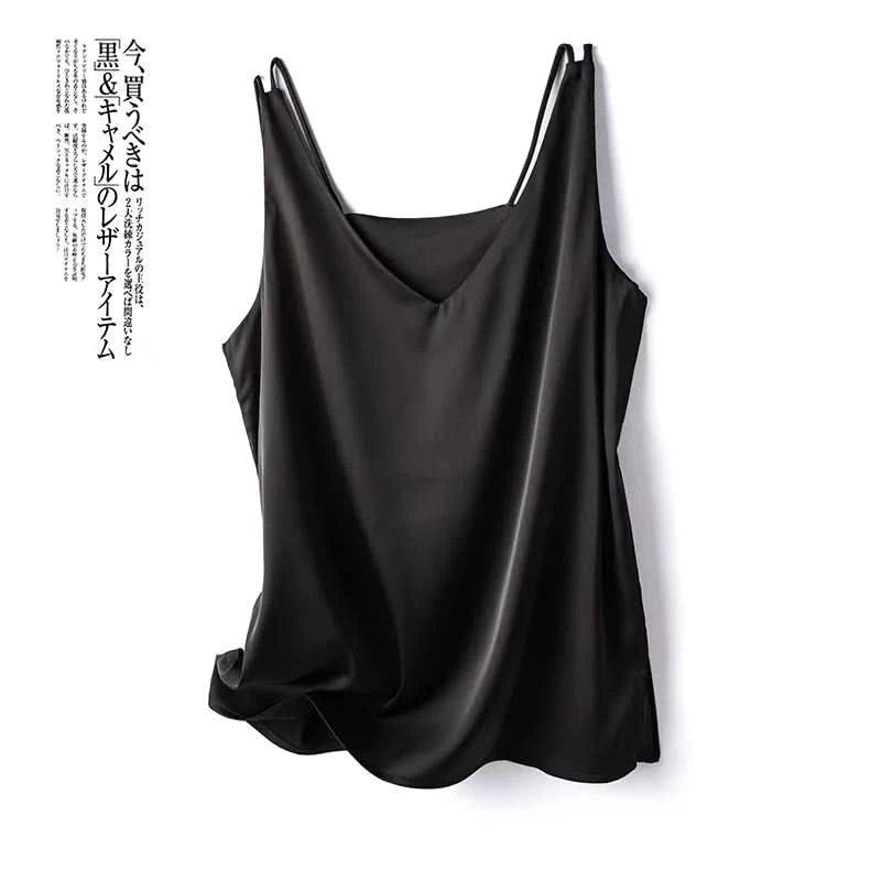 Silk Satin Women Office Lady Double Shoulder Camisole Tank V-neck Sleeveless Top T-shirt Elegant Crop Top Solid Casual Basic New - M & M Global