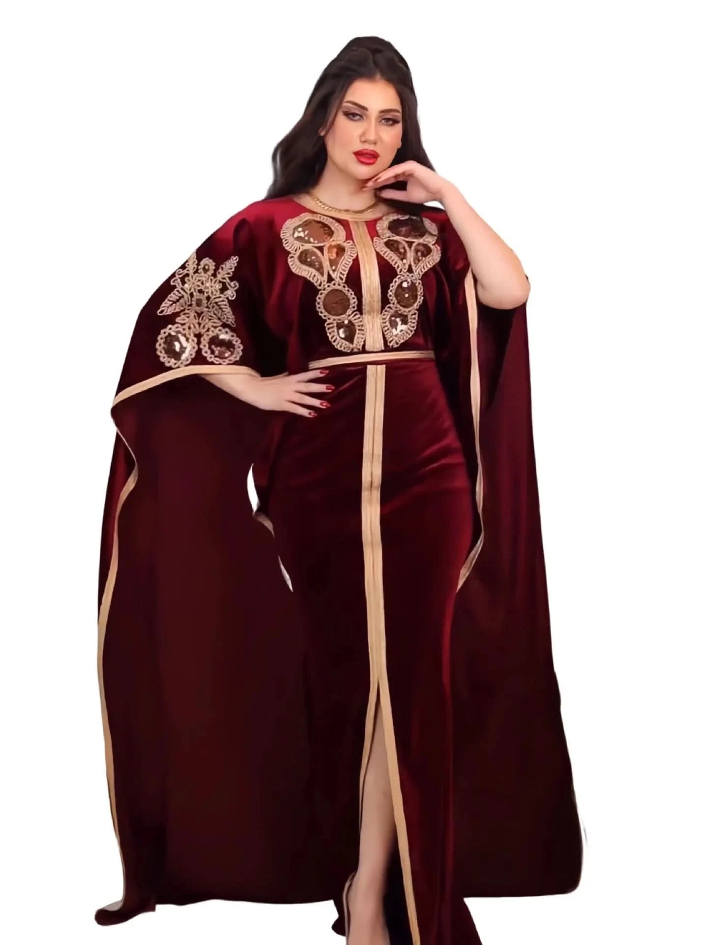 Ramadan Luxury Muslim Fashion Bat Sleeve Moroccan Turkiye Dubai Dress Middle East Arab Dress Sequins Golden Velvet Long Dress - M & M Global