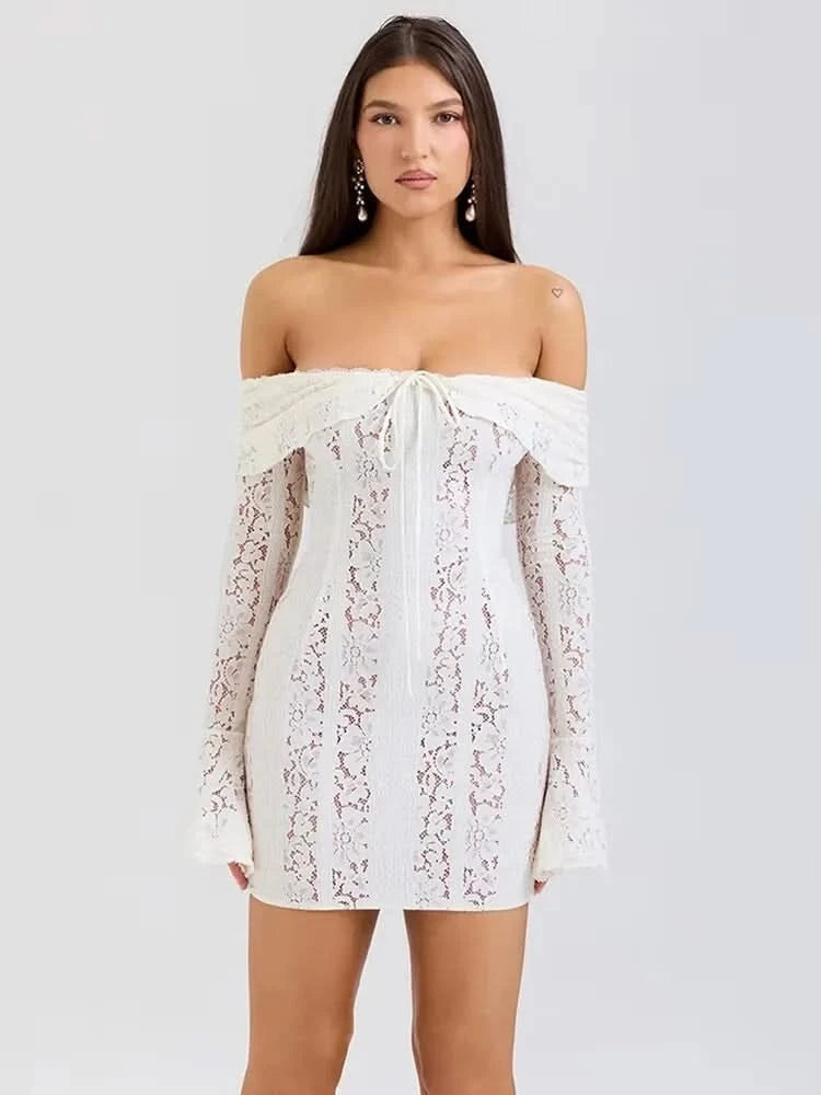 Mozision Floral Lace Off-shoulder Maxi Dress For Women White Strapless Backless Long Sleeve Bodycon Club Party Sexy Long Dress - M & M Global