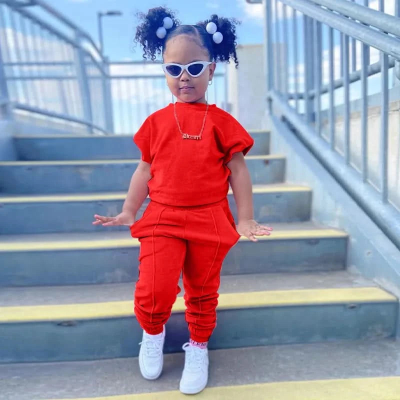 Fashion Kids Little Girls Clothing 2 Pieces Sets Cotton Solid Casual T-shirt+Elastic Waist Pants Young Children Outfits 1-6Y - M & M Global