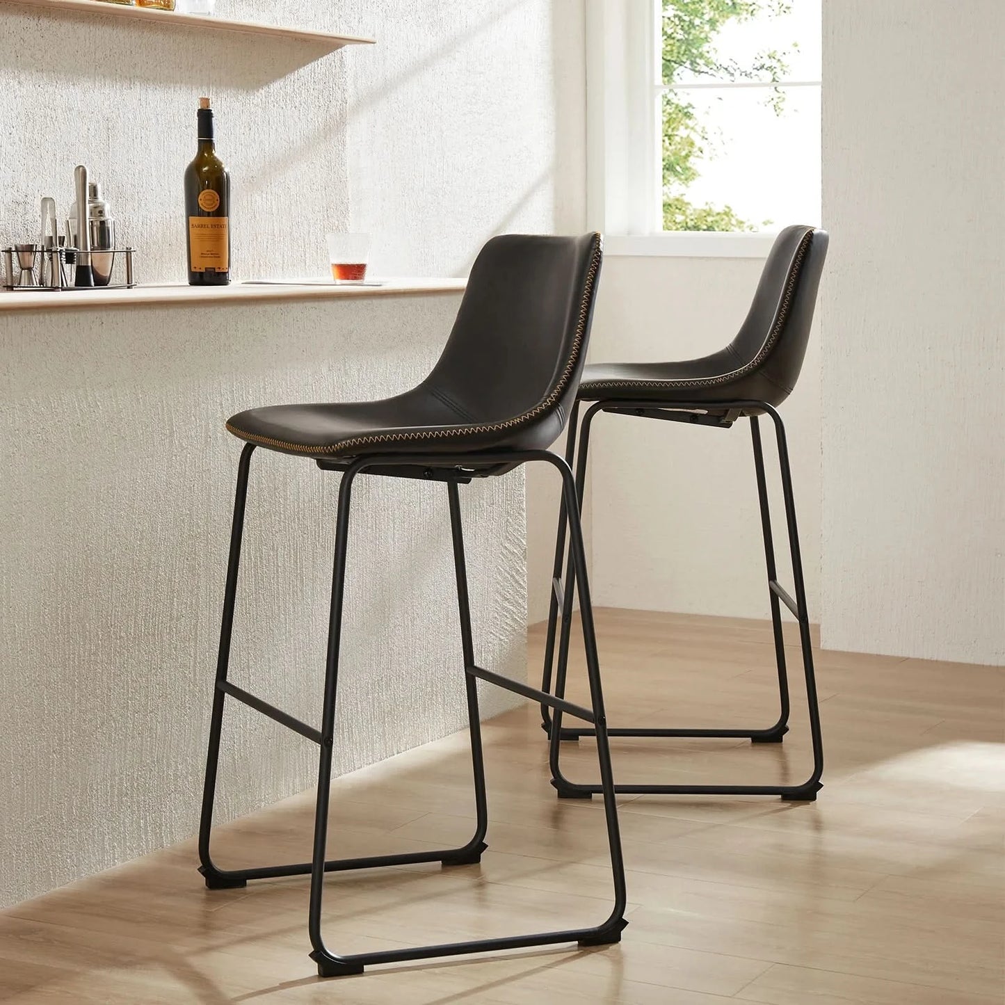 JHK Leather Modern Bar Bench 2-piece Set Armless Metal Leg Brown Bar Bench with Backrest Home Chair Living Room Furniture