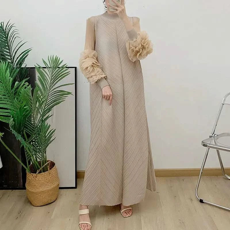 ANLAN Miyake Pleated Maxi Long Dress Mesh Petal Sleeve Half Turtleneck Formal Dresses for Women 2024 New Hot Sales 6KK9927 - M & M Global