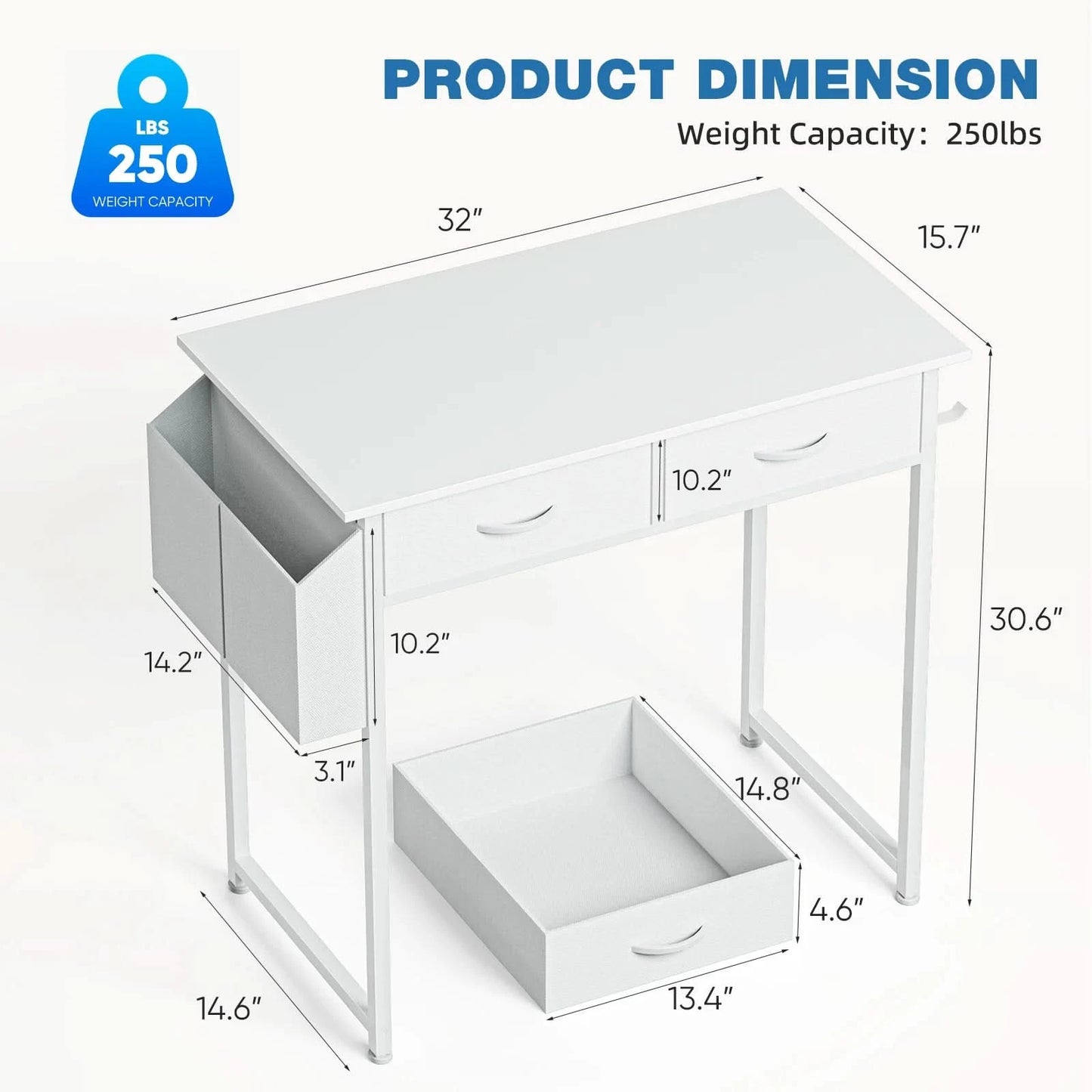 JHK 32 Inch Modern Office Computer Desk with Fabric Storage Drawers Space Side Bag Metal Frame Adjustable Feet For Home PC Table