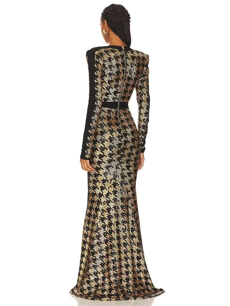 Sexy V Neck Bird Lattice Sequins Maxi Dress Women Black Gold Sequin Long Sleeves Bocycon Long Dress Runway Evening Party Gown - M & M Global