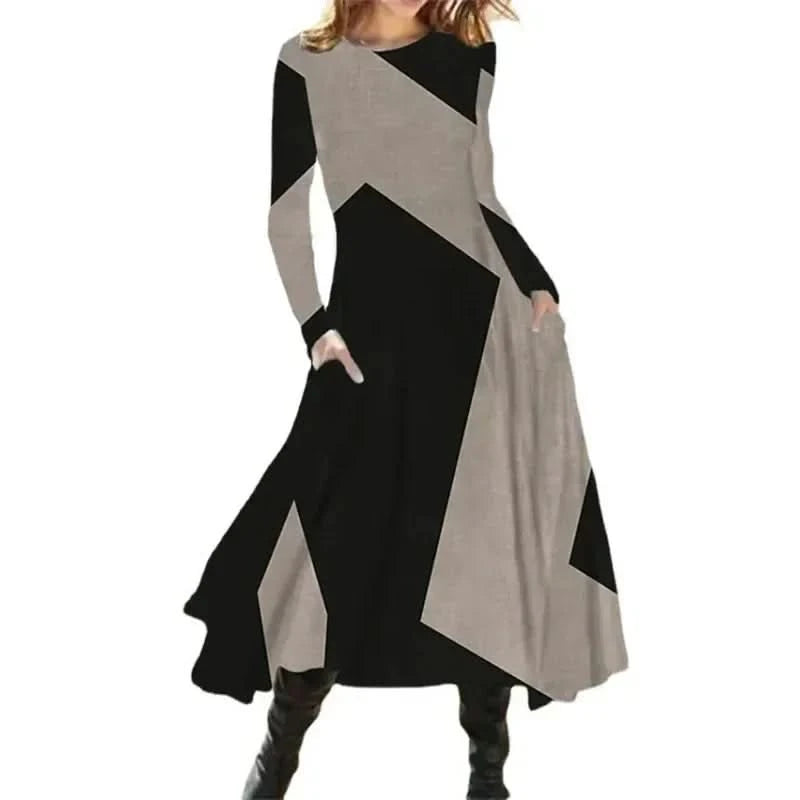 Long Dress Casual Eid Style Retro Autumn and Winter Long Sleeved Oversized Swing Maxi Dresses Patchwork Streetwear Vestidos - M & M Global