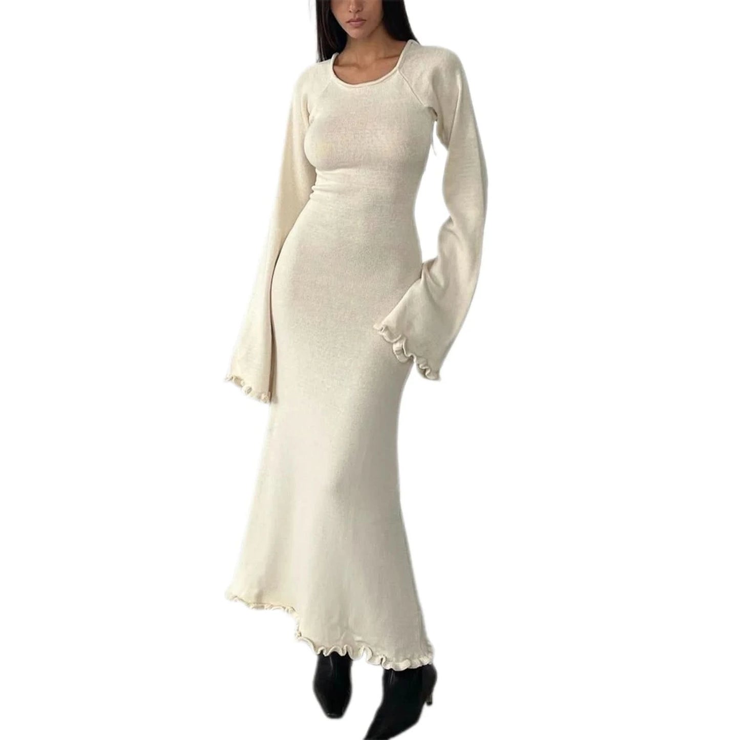 Women Ribbed Knit Ruffle Trim Long Dress Long Sleeve Bodycon Party Cocktail Dress Flare Summer Beach Cover Up - M & M Global