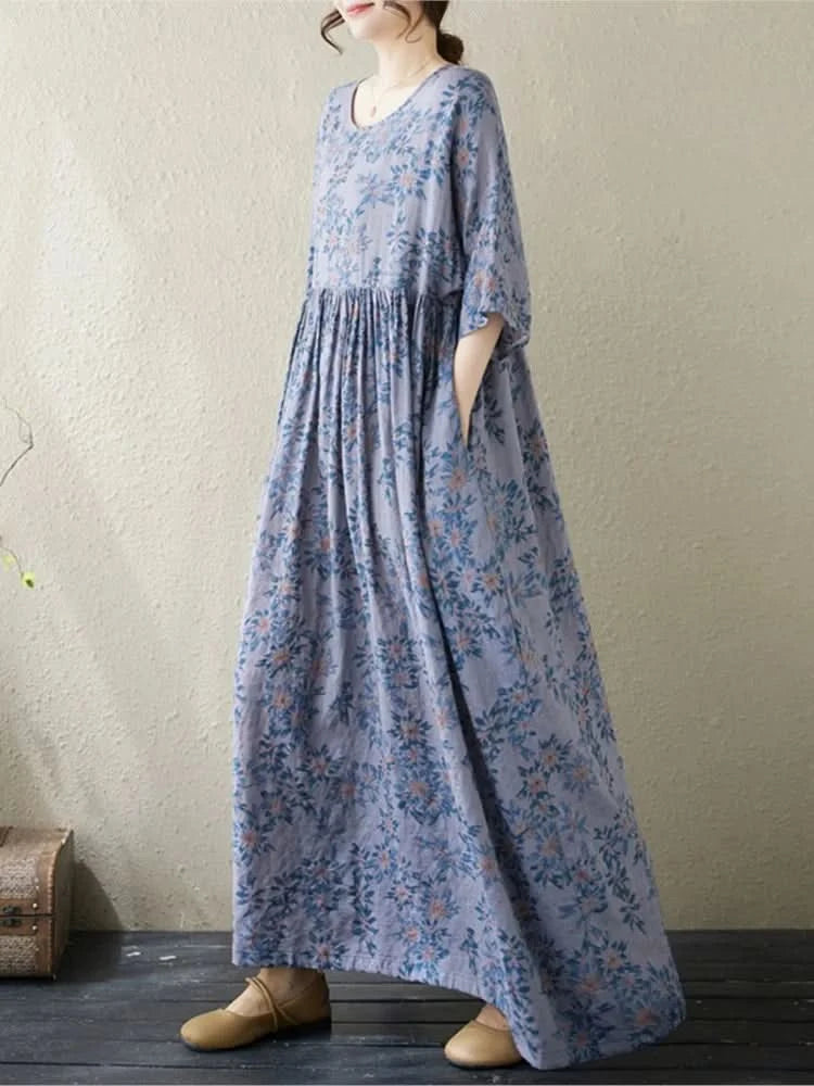 Oversized Summer Long Dress Women Floral Print Fashion Short Sleeve Ladies Dresses Casual Loose Ruffle Pleated Woman New Dress - M & M Global