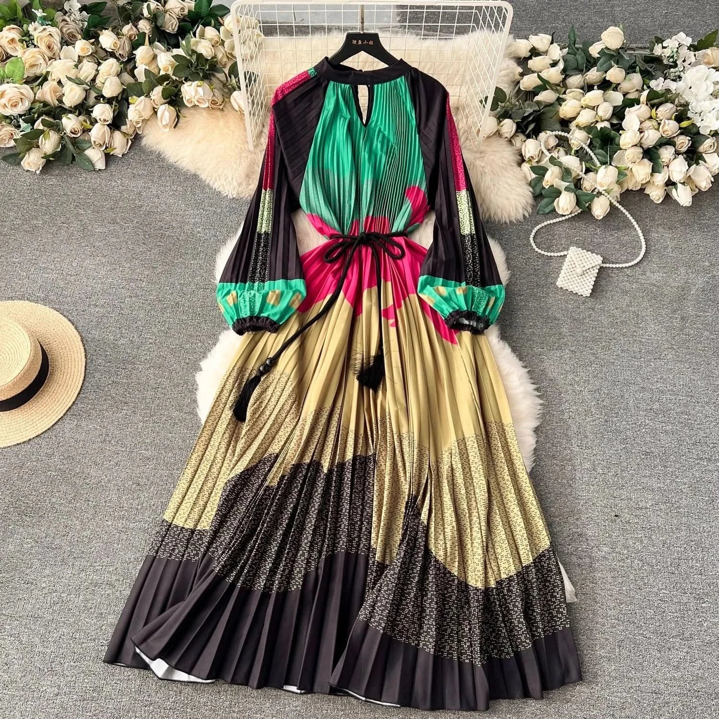 Spring Holiday Print Long Dress For Women Fashion Loose Lantern Sleeve Party Robe Female Big Swing Tassels Belt Pleated Clothes - M & M Global