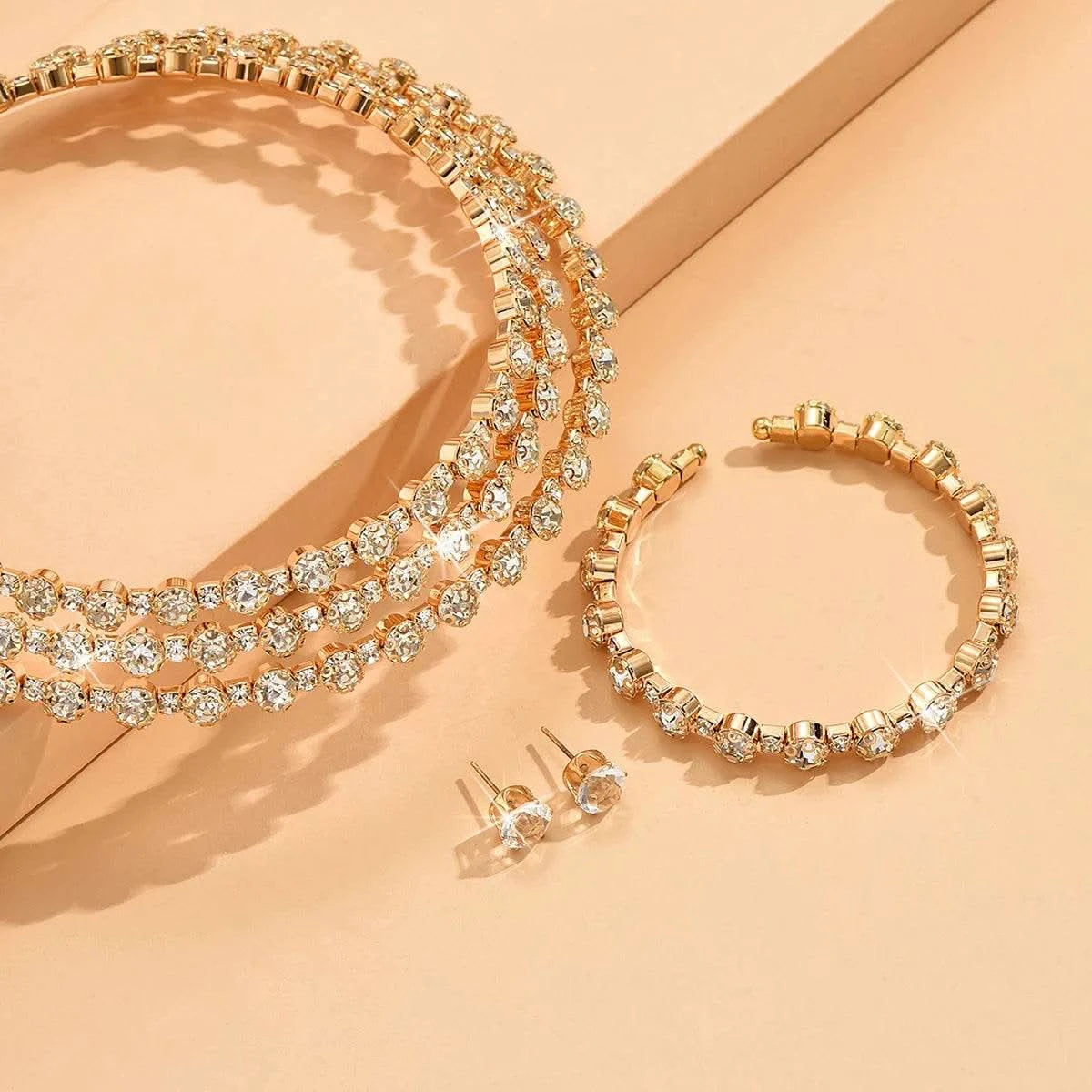 4-piece women's jewelry set with rhinestones, multi-layer collars, earrings, bracelets, wedding party accessories - M & M Global