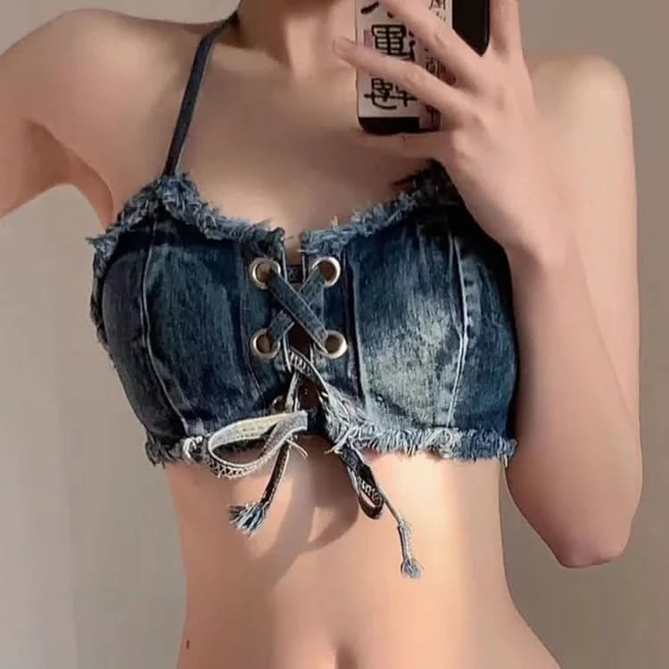 650 European and American hot girls sexy denim bikini women beach vacation summer split swimsuit strap small chest - M & M Global
