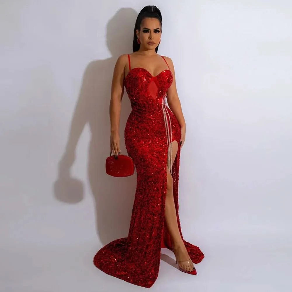 CM.YAYA Women Sequined Tassel Front Spaghetti Strap Sleeveless High Side Slit Maxi Long Dress 2023 Evening Sexy Party Dresses - M & M Global