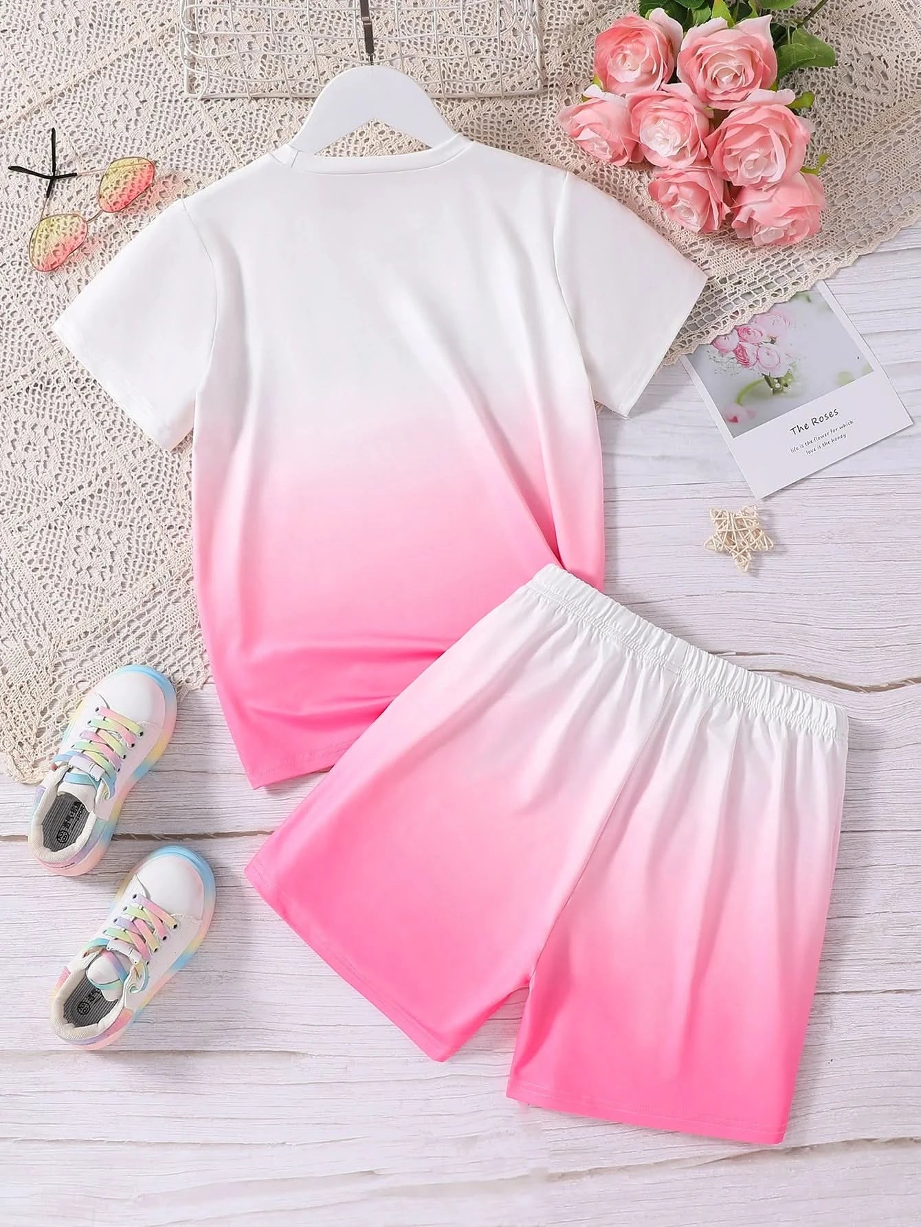 Best-Selling New Style Suit for Girls and Boys, Simple and Fashionable Gradient Letter Printed Short-Sleeved Shorts Suit, Casual Holiday Style - M & M Global