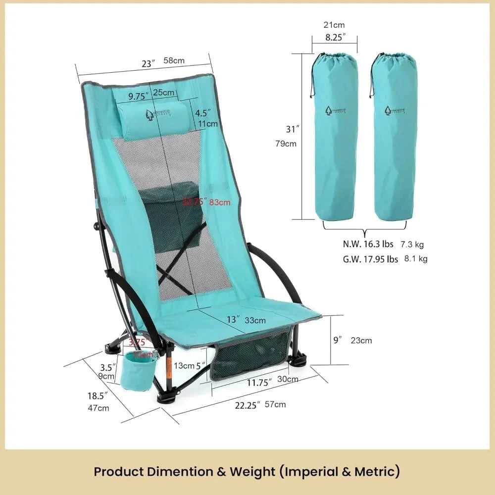 2-Pack Low Seating + 20° Reclining Folding Beach Chair w/Padded Headrest, Foam Armrest, Cup Holder, Carry Bag, 300 LBS Weight C