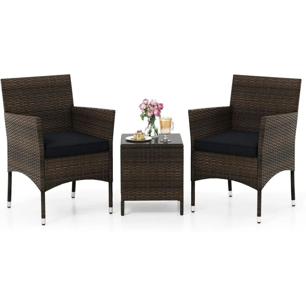 3 Piece Patio Furniture Set, Outdoor Wicker Patio Chairs with Soft Cushions & Tempered Glass Top Table, PE Rattan Bistro