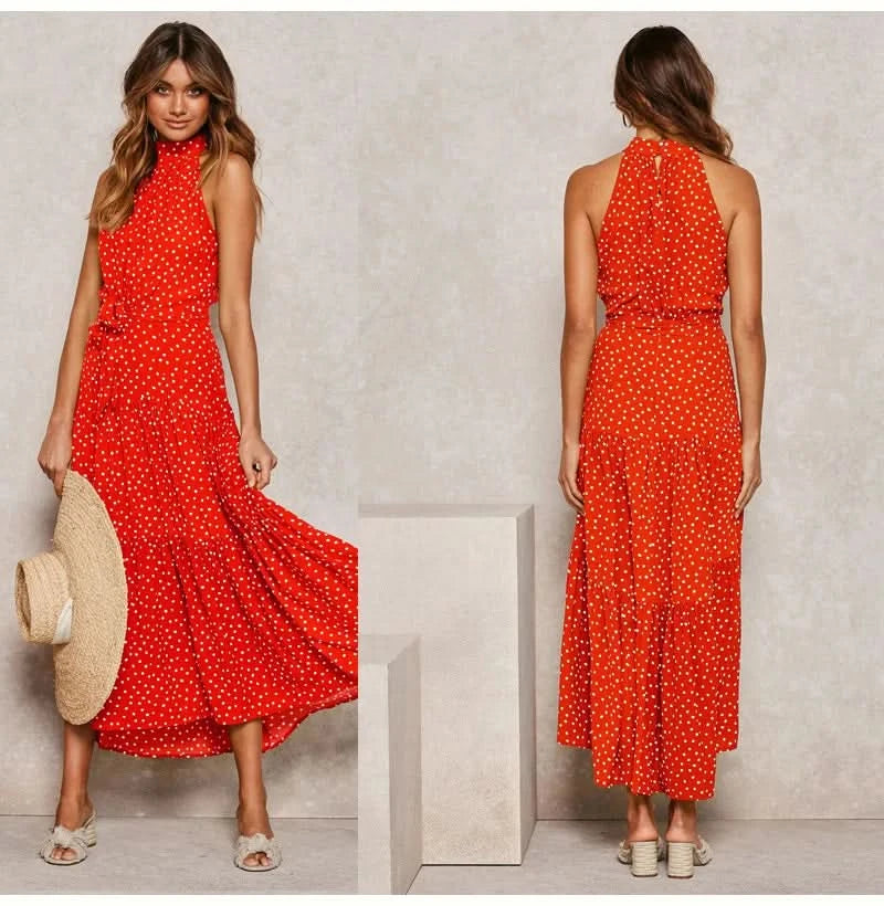 Summer Floral Print Halter Neck Dresses For Women Sleeveless Leace-up Long Dress Casual Beach Holiday Vestidos Female Clothing - M & M Global