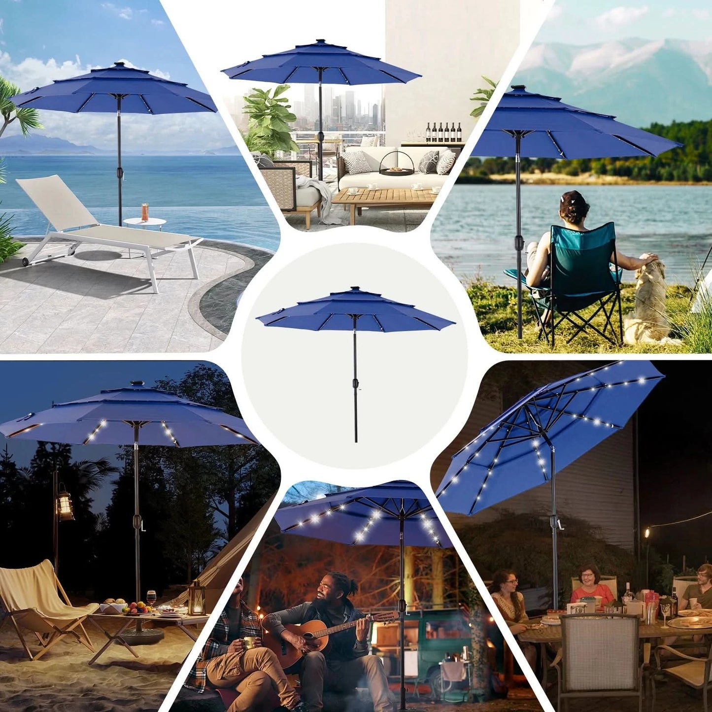 JHK 10FT 3-Tier Patio Outdoor Umbrella with Solar 32 LED Lights Tilting Table Umbrella with 8 Sturdy Ribs for Garden Backyard