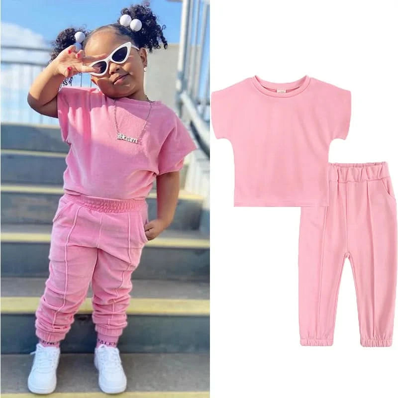 Fashion Kids Little Girls Clothing 2 Pieces Sets Cotton Solid Casual T-shirt+Elastic Waist Pants Young Children Outfits 1-6Y - M & M Global