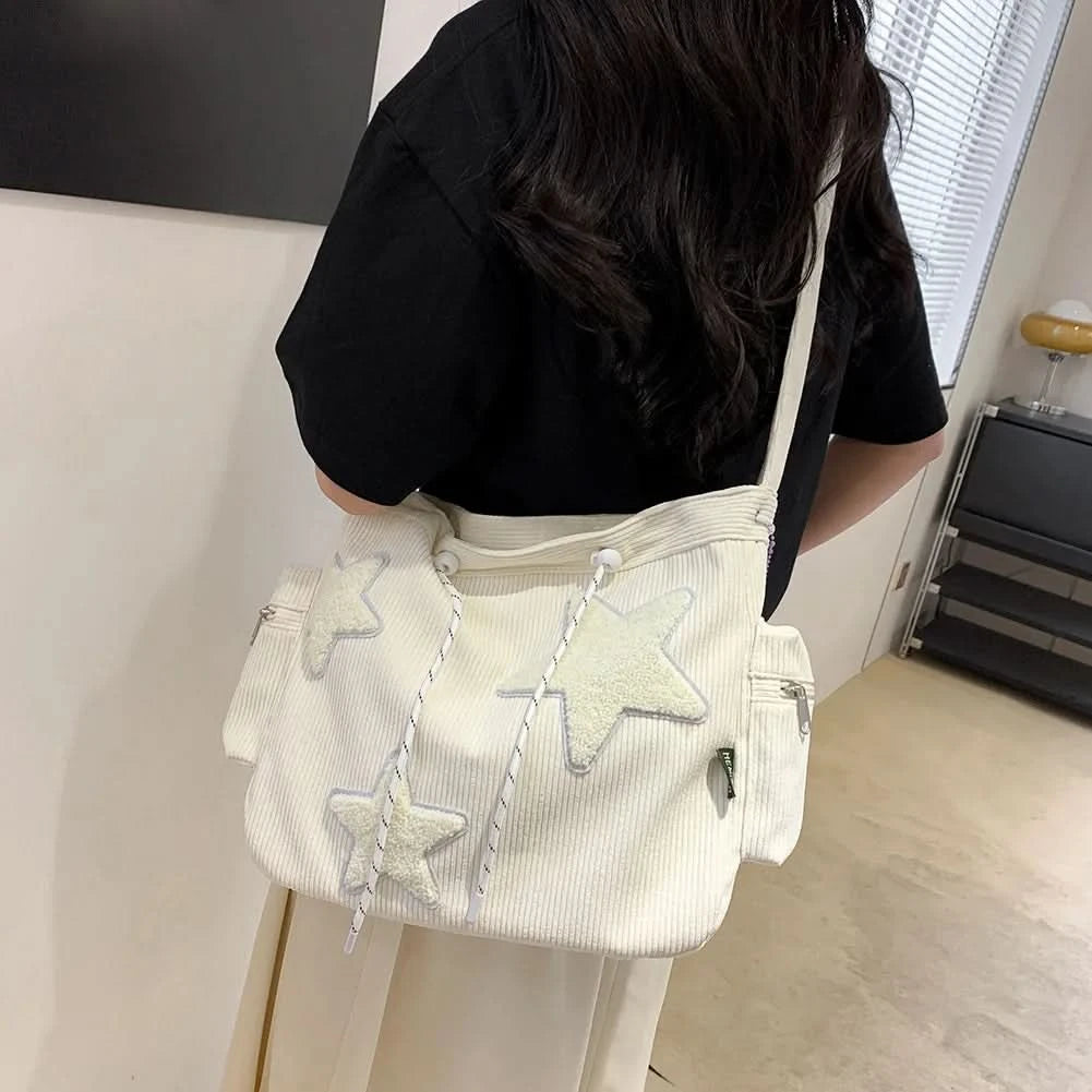 Women Star Pattern Corduroy Crossbody Bag Casual Tote Lady Fashion Large Capacity Shoulder Bag Girl Travel Messenger Bag Handbag - M & M Global