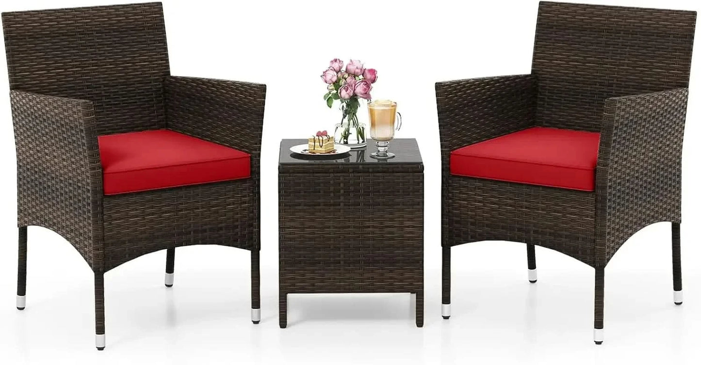 3 Piece Patio Furniture Set, Outdoor Wicker Patio Chairs with Soft Cushions & Tempered Glass Top Table, PE Rattan Bistro