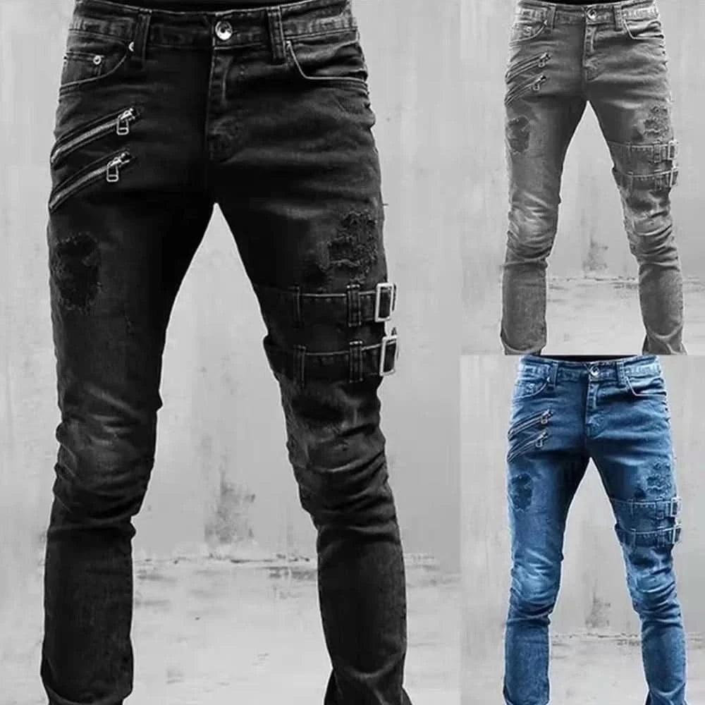 Retro Moto Biker Straight Elastic Jeans Men Zipper Hole Streetwear Punk Skinny Denim Cargo Pants Pantalones Hombre Y2K Clothing - M & M Global