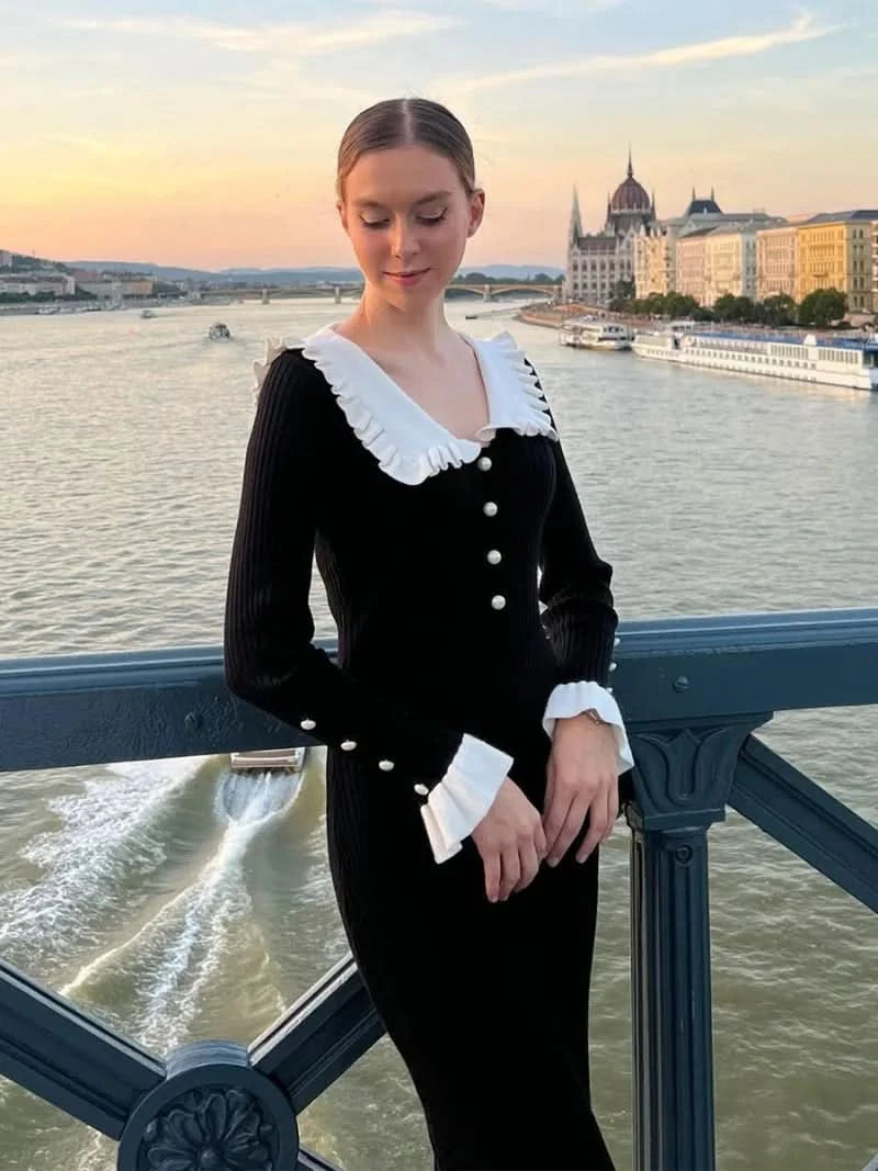 TARUXY High Waist Ruffled Maxi Dresses For Women Autumn Winter Knitted Slim Long Dress Women's Vintage Dress Woman Retro Elegant - M & M Global