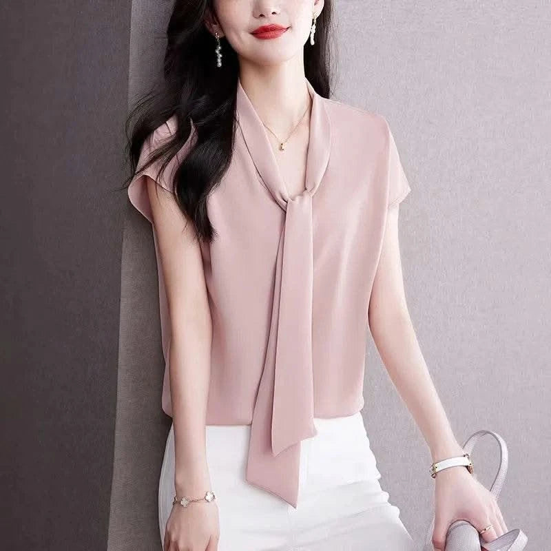 Bow Tie Blouse Shirt for Women OL Elegant Blouses Satin Womens Tops Silk Female Clothing 2023 Korean Fashion Short Sleeve Blouse - M & M Global