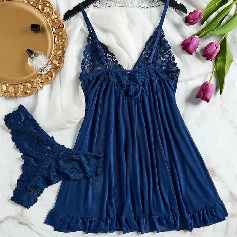 Tulle Suspenders Exquisite Women's Lencerias Lace V-Neck Underwear Semi-transparent Thong Dress Set Females Lingerie Nightgowns - M & M Global