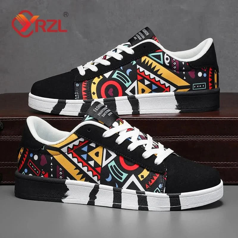 YRZL Men's Sports Running Shoes Canvas Geometric Style Lace-Up Sneakers Couples' Fashionable Graffiti Print Skate Shoes Men - M & M Global