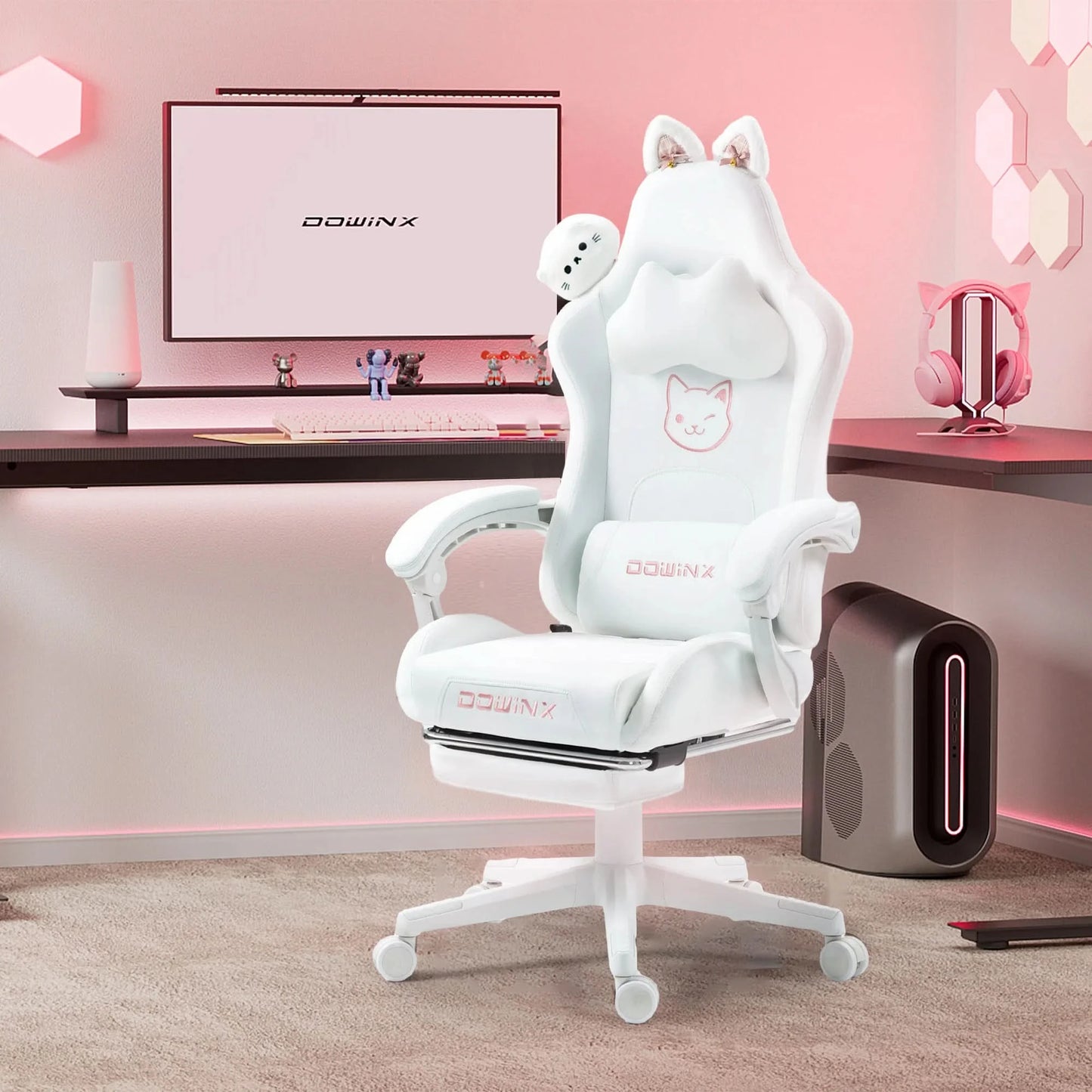 Dowinx Gaming Chair Cute with Cat Ears and Massage Lumbar Support, Ergonomic Computer Chair for Girl with Footrest and Headrest