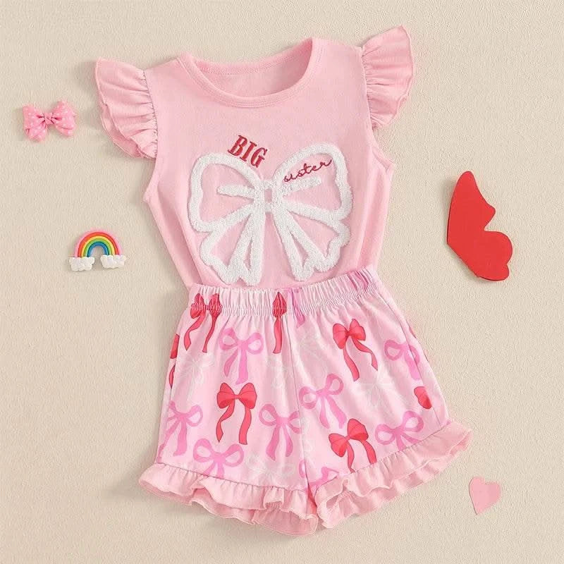 Cute Matching Baby Toddler Brother Outfit Bow Fly Sleeve Tops Elastic Waist Ruffle Shorts 2 Piece Summer Set for Siblings - M & M Global