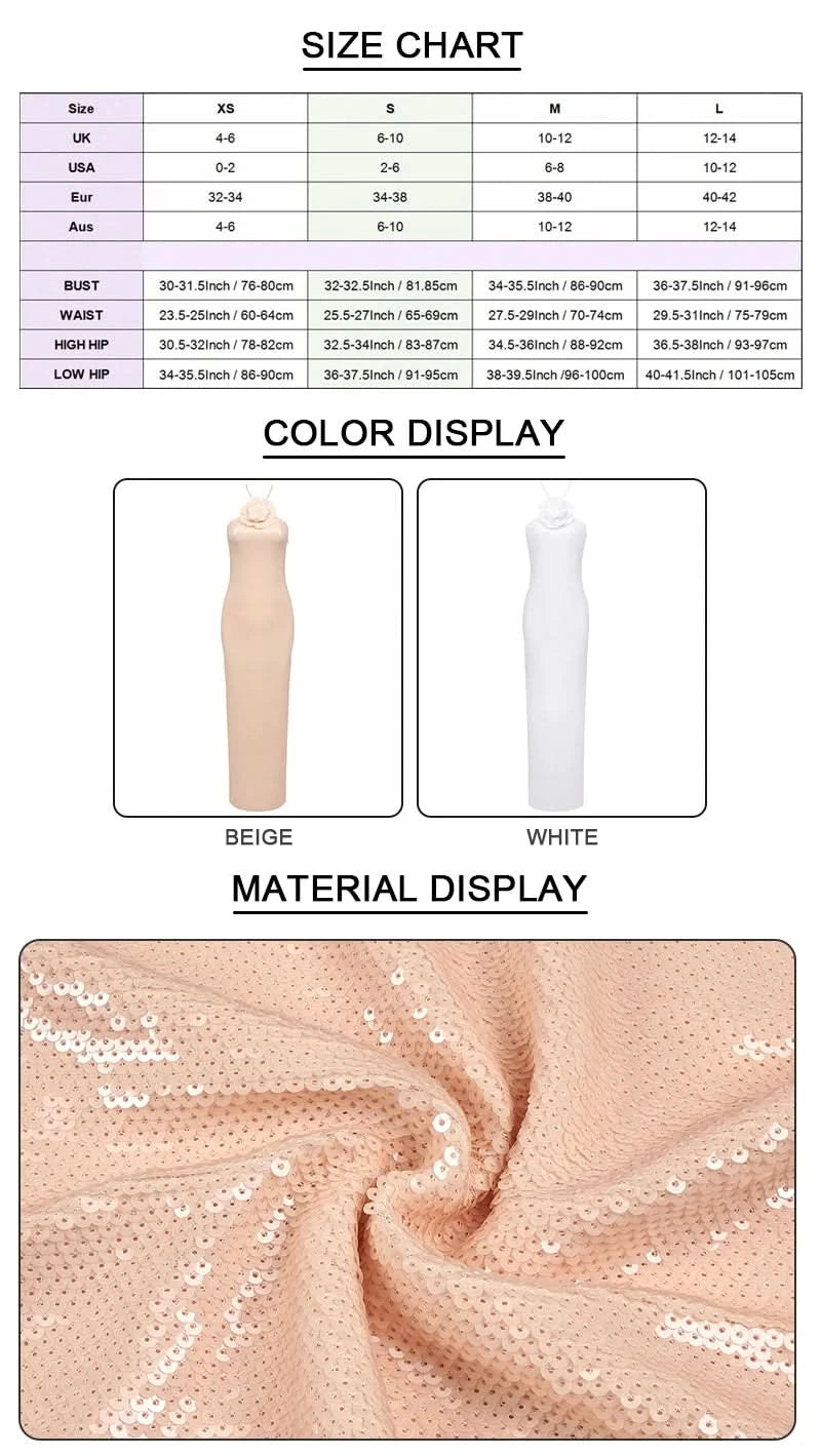 VC Women Elegant 3D Flowers Halter Backless Sexy Club Sequin Bodycon Prom Long Dress Party Festival Split Dress - M & M Global