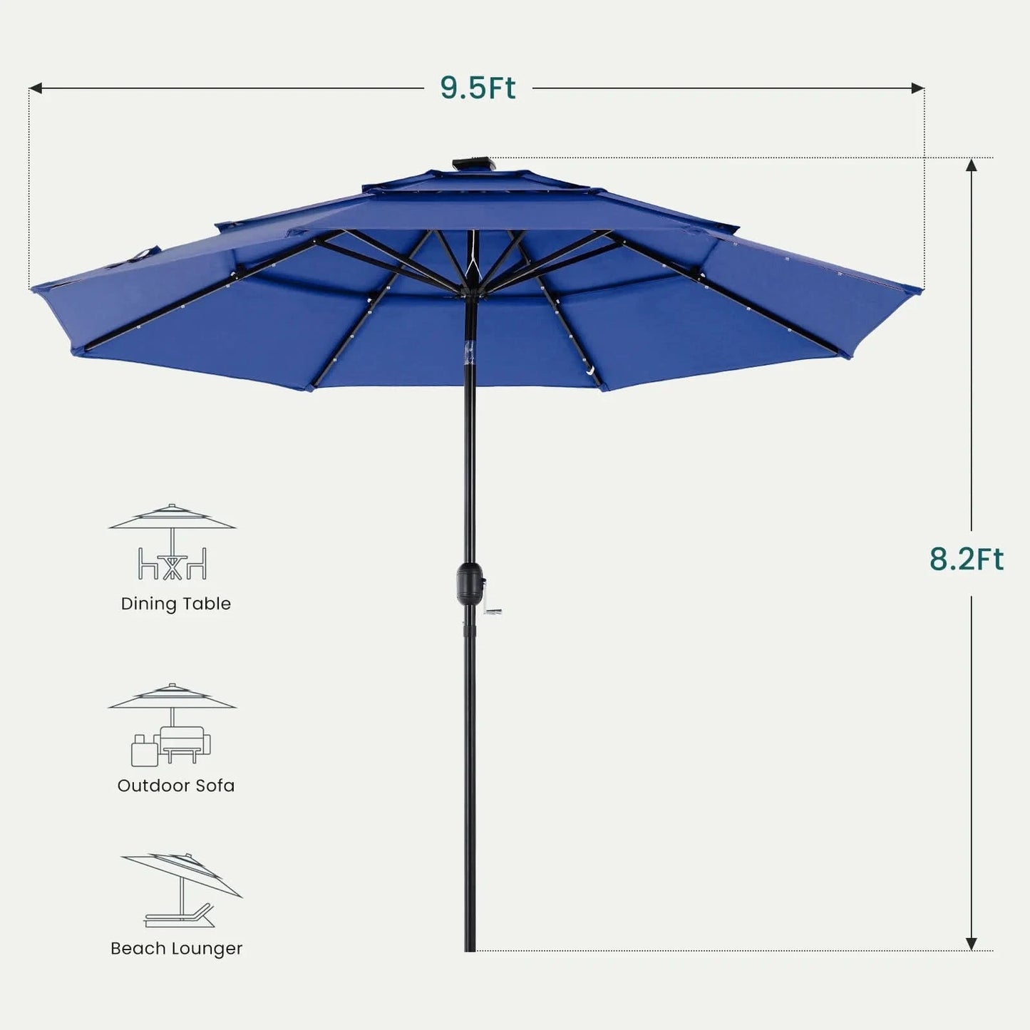 JHK 10FT 3-Tier Patio Outdoor Umbrella with Solar 32 LED Lights Tilting Table Umbrella with 8 Sturdy Ribs for Garden Backyard