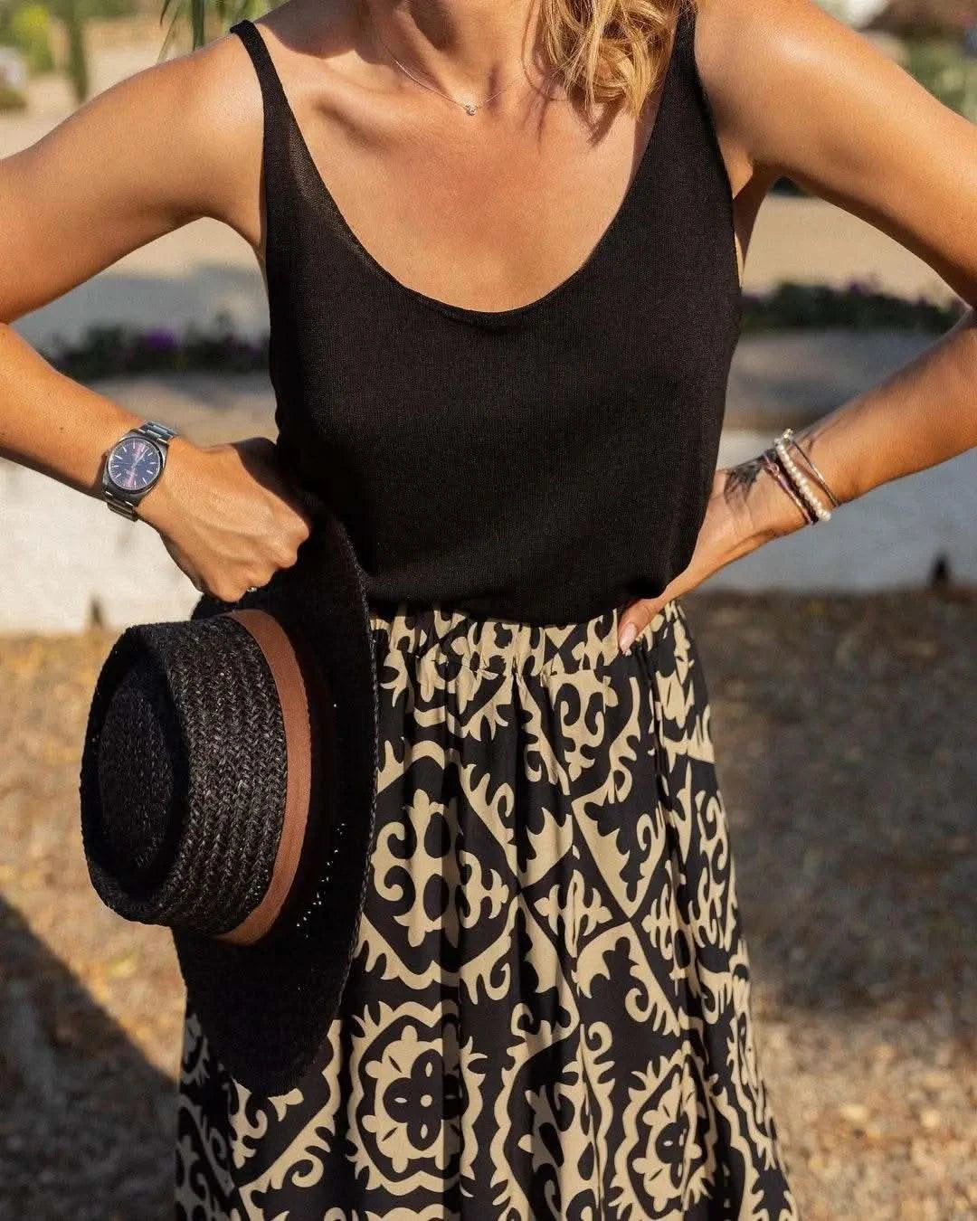 boho print maxi skirt women fashion high waist 3D printting long dress casual loose summer high waist skirts for women 2024 - M & M Global